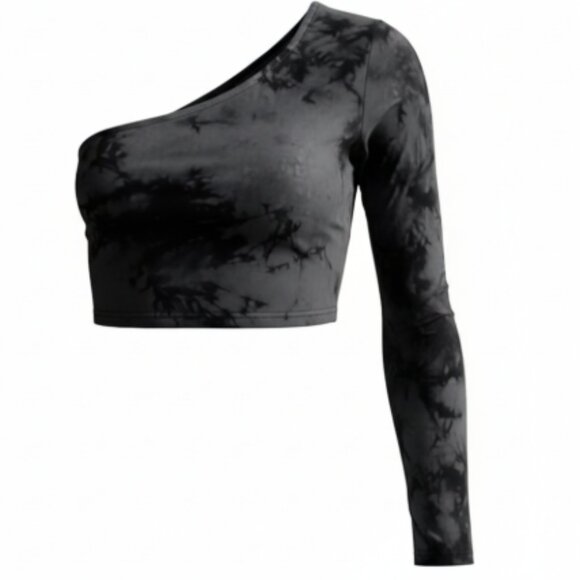 Fashion Nova Tops - Women’s One Shoulder Crop Top XL Black Gray Tie Dye Asymmetrical Long Sleeve